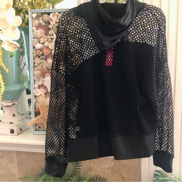 NWT! Black Fishnet Style Pullover Hoodie Beach Bathing Suit Top Plus 3X - Picture 5 of 8